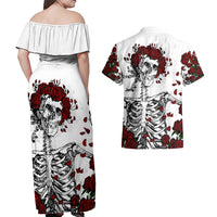 Rose Skull Couples Matching Off Shoulder Maxi Dress and Hawaiian Shirt Rose Skull Day Of The Dead - Wonder Print Shop