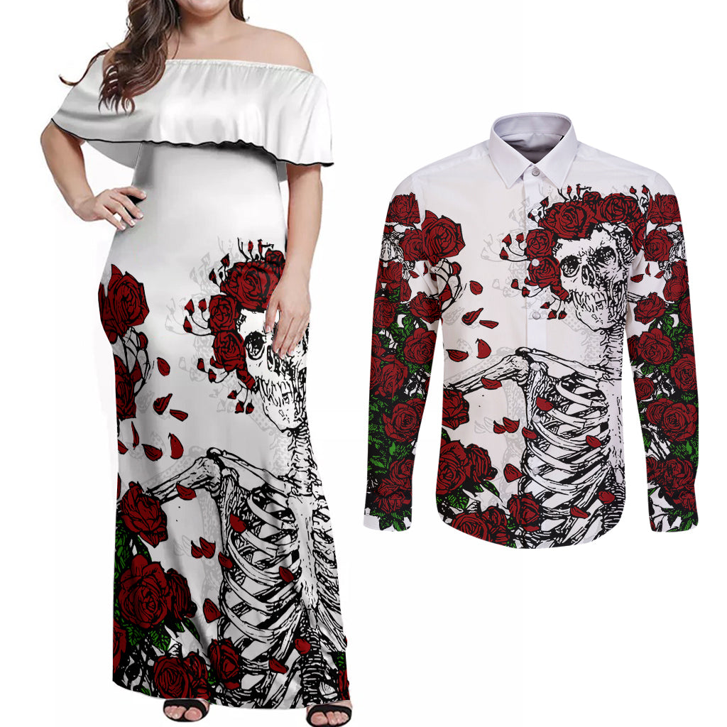 Rose Skull Couples Matching Off Shoulder Maxi Dress and Long Sleeve Button Shirts Rose Skull Day Of The Dead - Wonder Print Shop