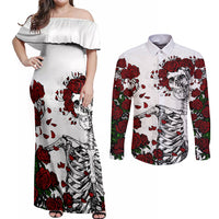 Rose Skull Couples Matching Off Shoulder Maxi Dress and Long Sleeve Button Shirts Rose Skull Day Of The Dead - Wonder Print Shop