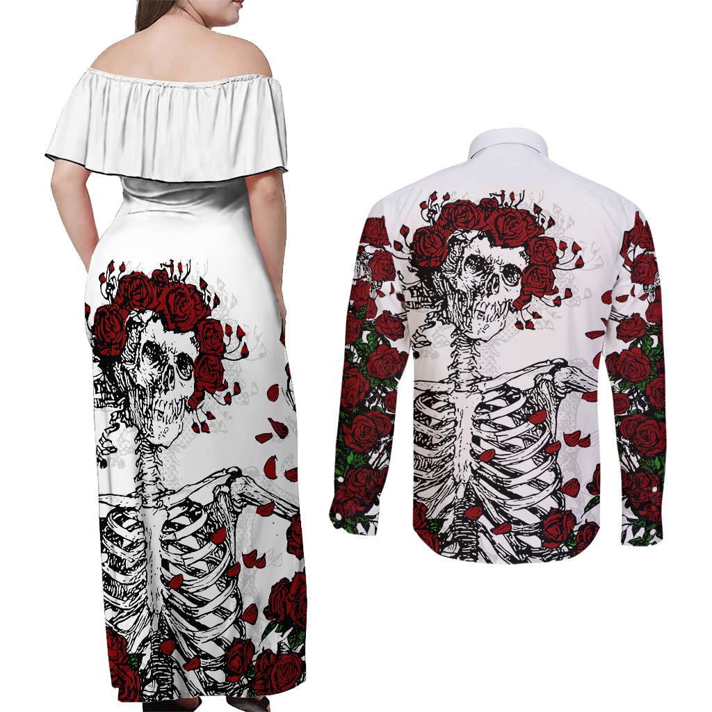 Rose Skull Couples Matching Off Shoulder Maxi Dress and Long Sleeve Button Shirts Rose Skull Day Of The Dead - Wonder Print Shop