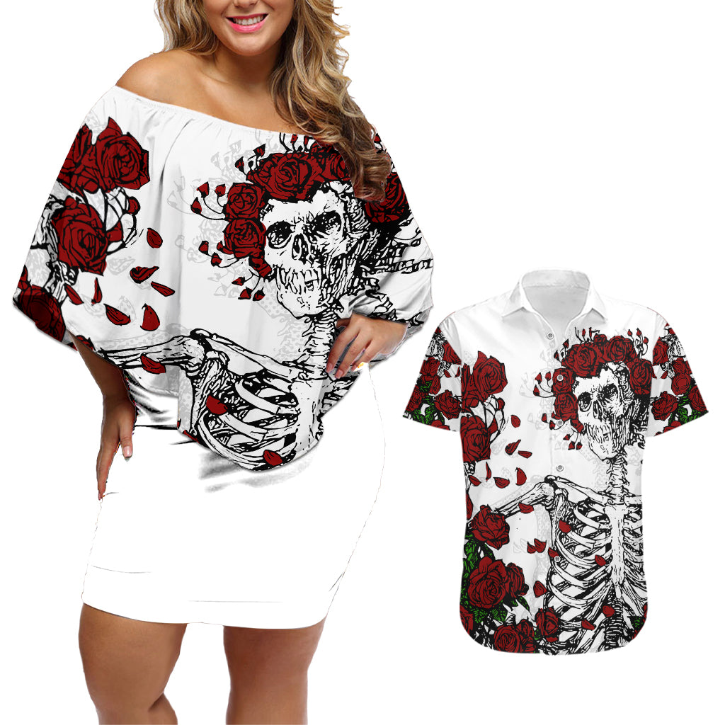 Rose Skull Couples Matching Off Shoulder Short Dress and Hawaiian Shirt Rose Skull Day Of The Dead - Wonder Print Shop