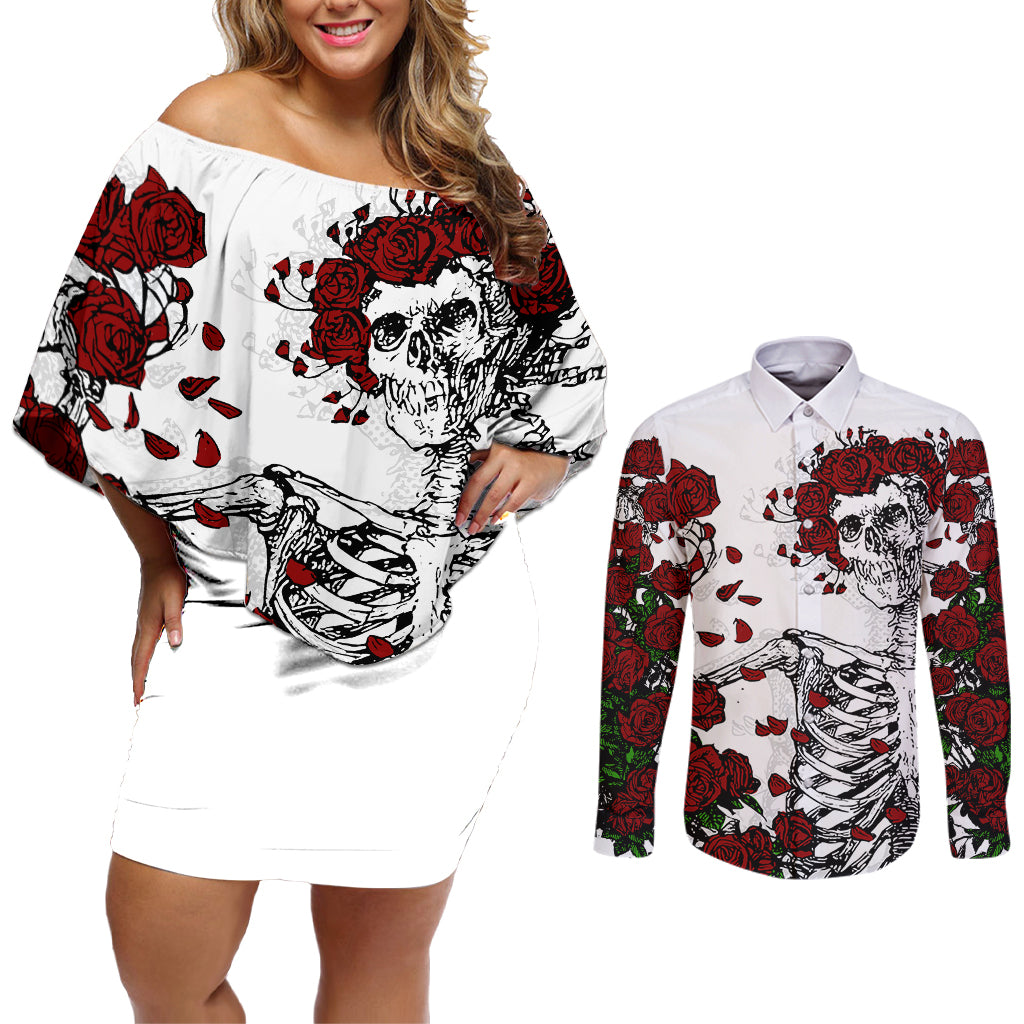 Rose Skull Couples Matching Off Shoulder Short Dress and Long Sleeve Button Shirts Rose Skull Day Of The Dead - Wonder Print Shop