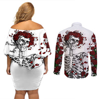 Rose Skull Couples Matching Off Shoulder Short Dress and Long Sleeve Button Shirts Rose Skull Day Of The Dead - Wonder Print Shop