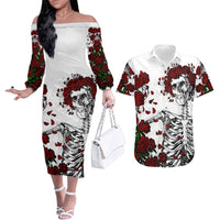 Rose Skull Couples Matching Off The Shoulder Long Sleeve Dress and Hawaiian Shirt Rose Skull Day Of The Dead - Wonder Print Shop