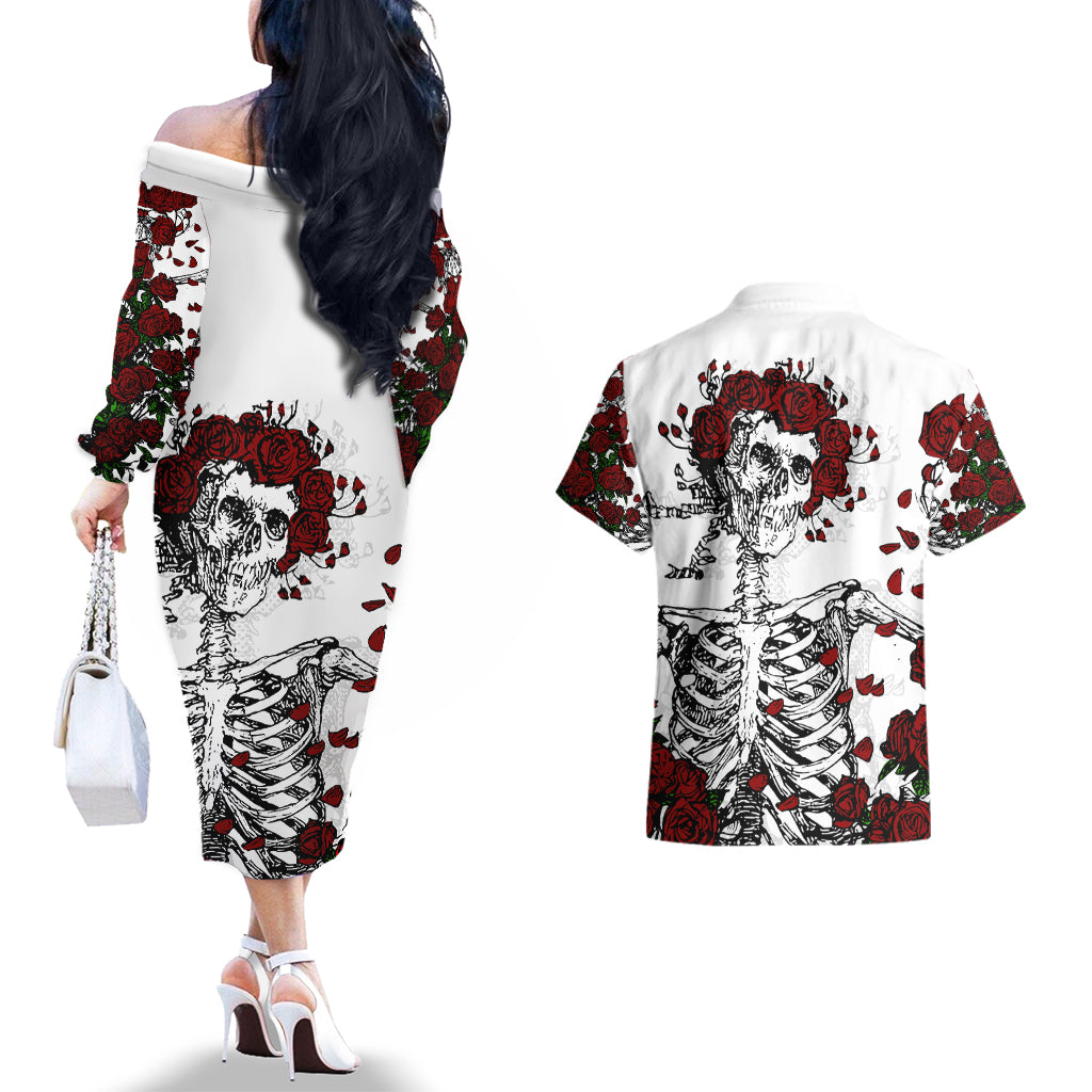 Rose Skull Couples Matching Off The Shoulder Long Sleeve Dress and Hawaiian Shirt Rose Skull Day Of The Dead - Wonder Print Shop