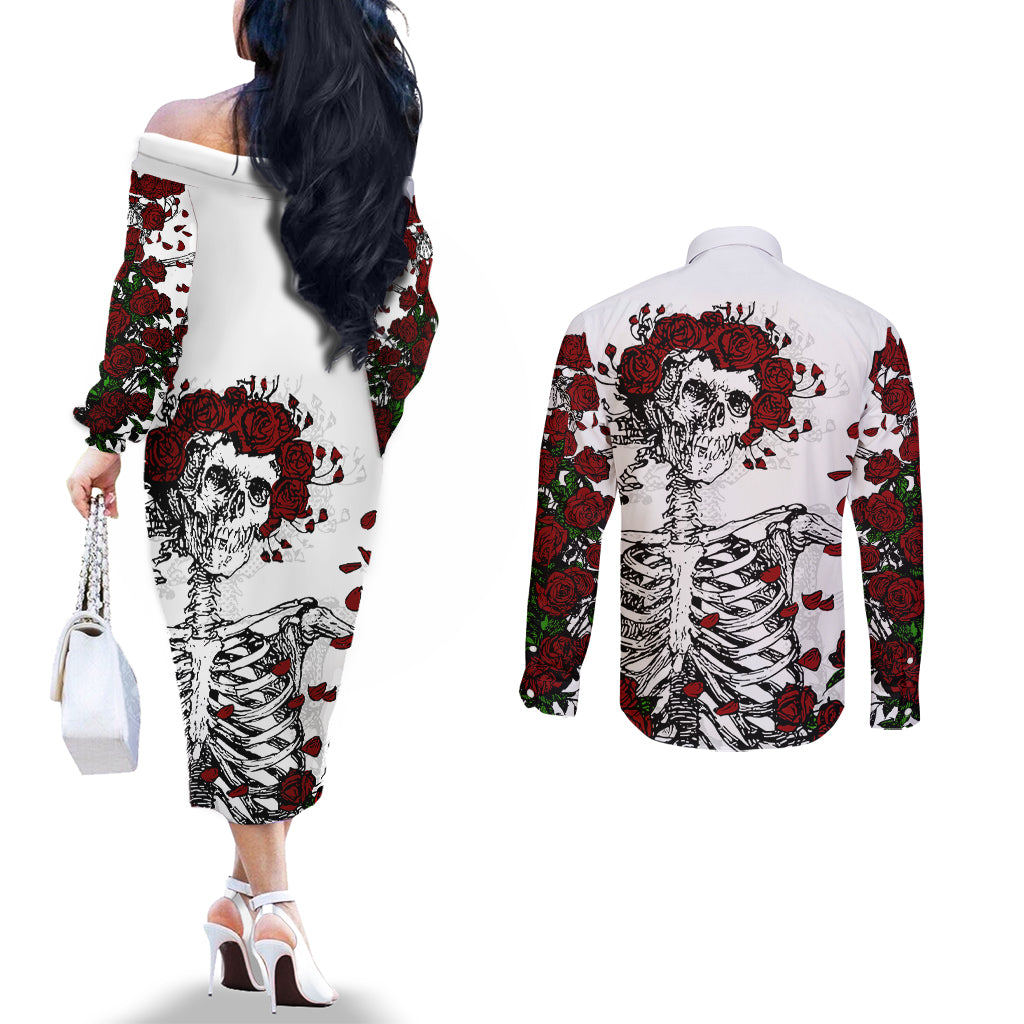 rose-skull-couples-matching-off-the-shoulder-long-sleeve-dress-and-long-sleeve-button-shirts-rose-skull-day-of-the-dead