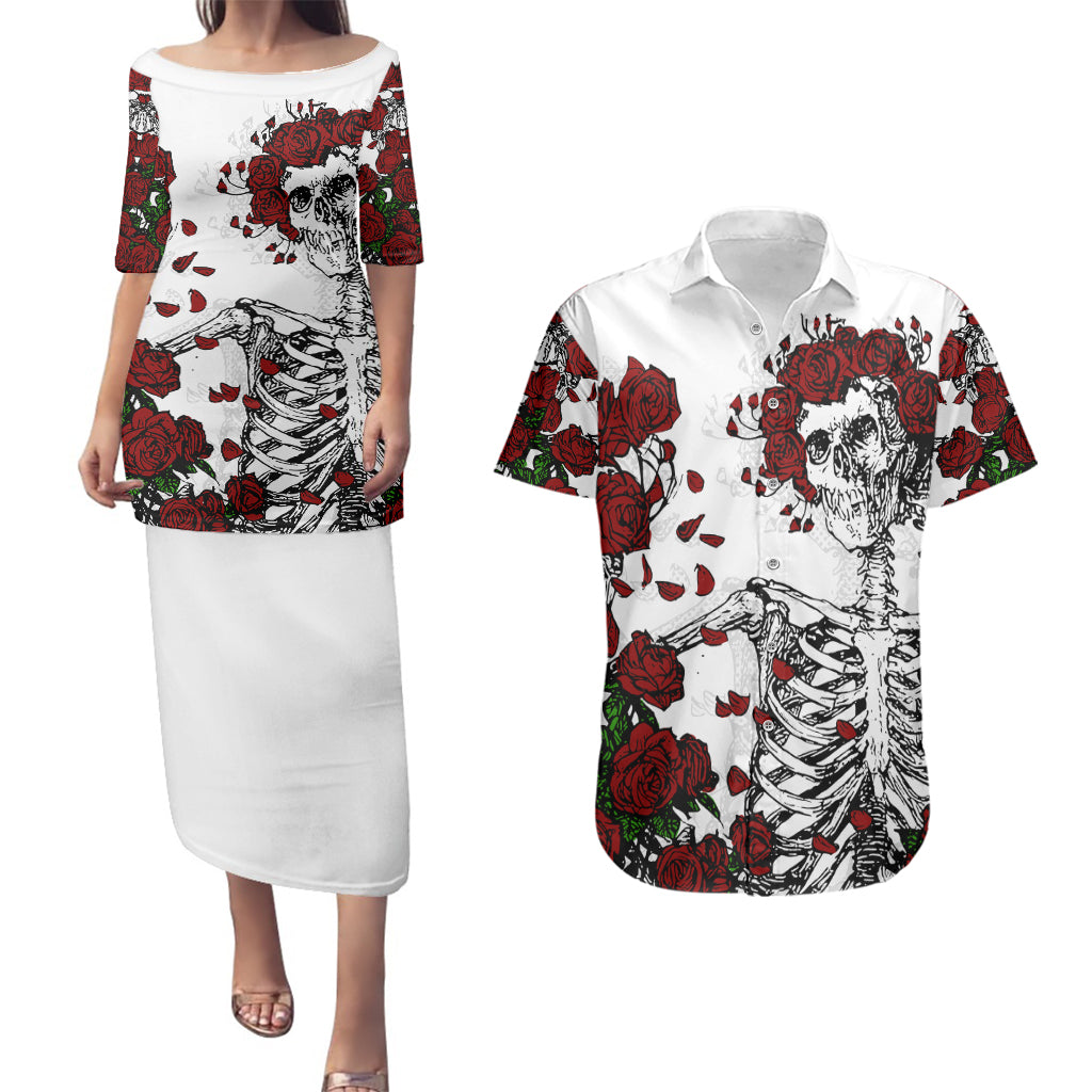 Rose Skull Couples Matching Puletasi Dress and Hawaiian Shirt Rose Skull Day Of The Dead - Wonder Print Shop