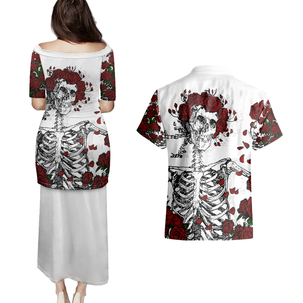 Rose Skull Couples Matching Puletasi Dress and Hawaiian Shirt Rose Skull Day Of The Dead - Wonder Print Shop