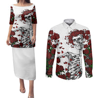 Rose Skull Couples Matching Puletasi Dress and Long Sleeve Button Shirts Rose Skull Day Of The Dead - Wonder Print Shop