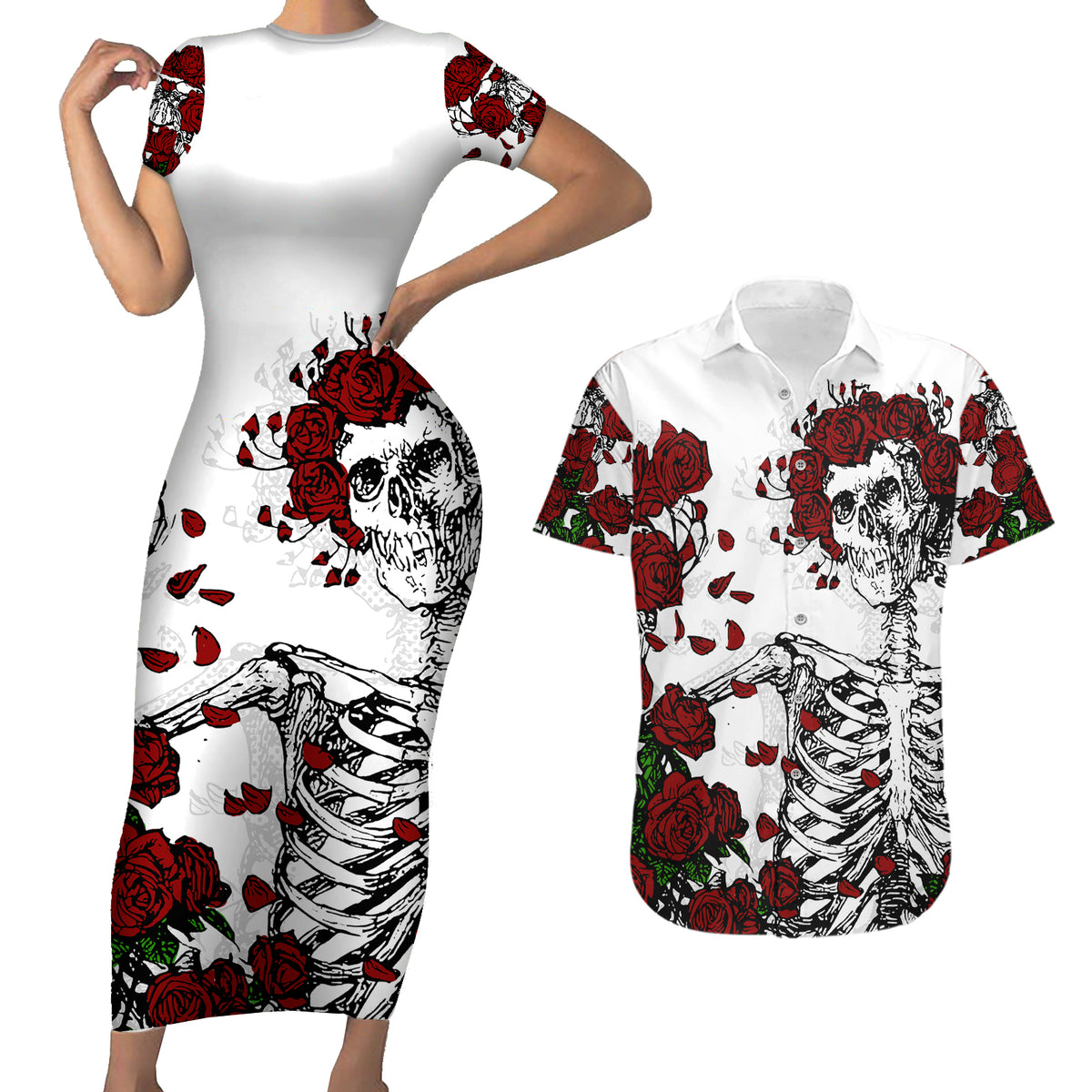 Rose Skull Couples Matching Short Sleeve Bodycon Dress and Hawaiian Shirt Rose Skull Day Of The Dead - Wonder Print Shop