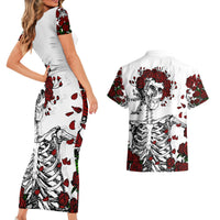 Rose Skull Couples Matching Short Sleeve Bodycon Dress and Hawaiian Shirt Rose Skull Day Of The Dead - Wonder Print Shop