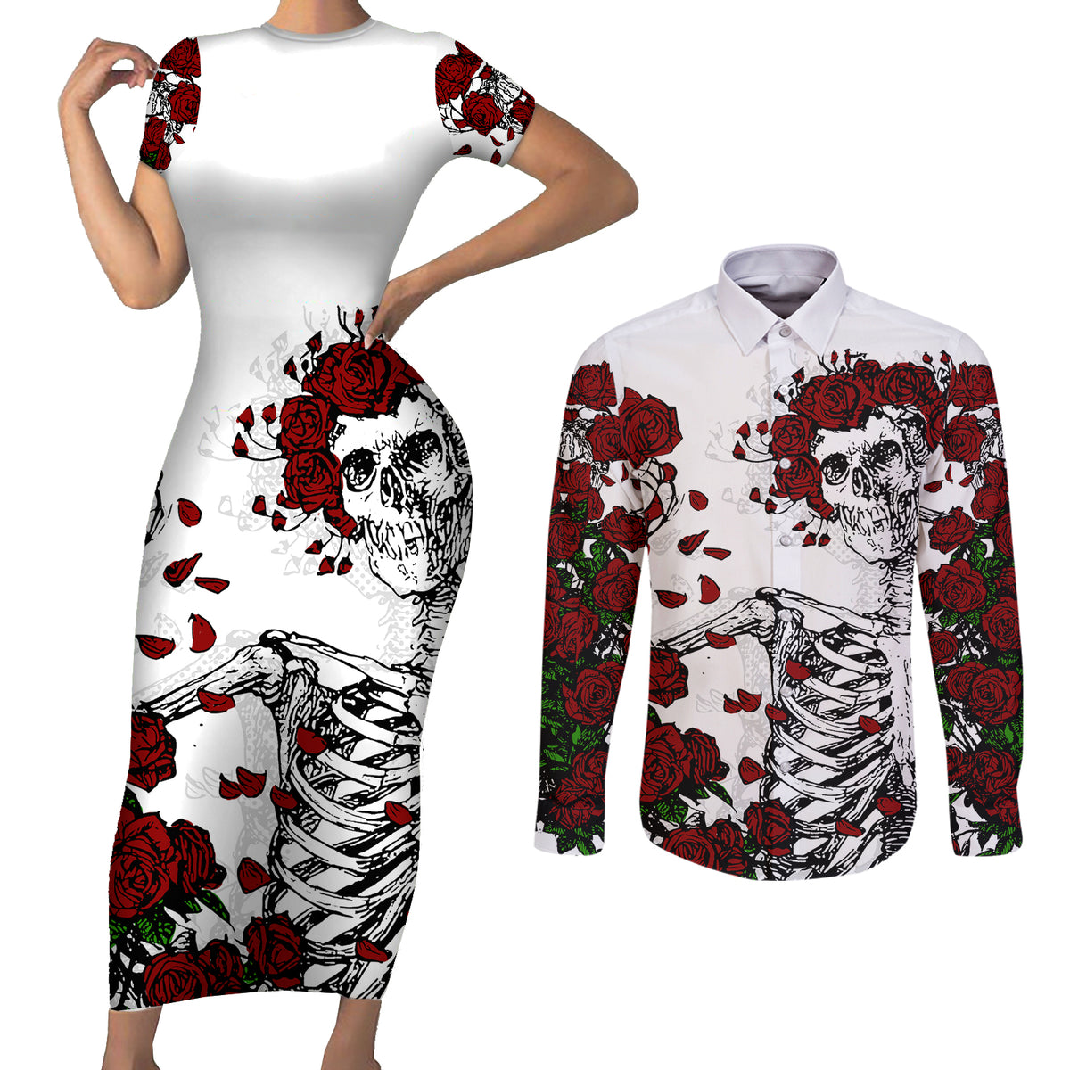 Rose Skull Couples Matching Short Sleeve Bodycon Dress and Long Sleeve Button Shirts Rose Skull Day Of The Dead - Wonder Print Shop