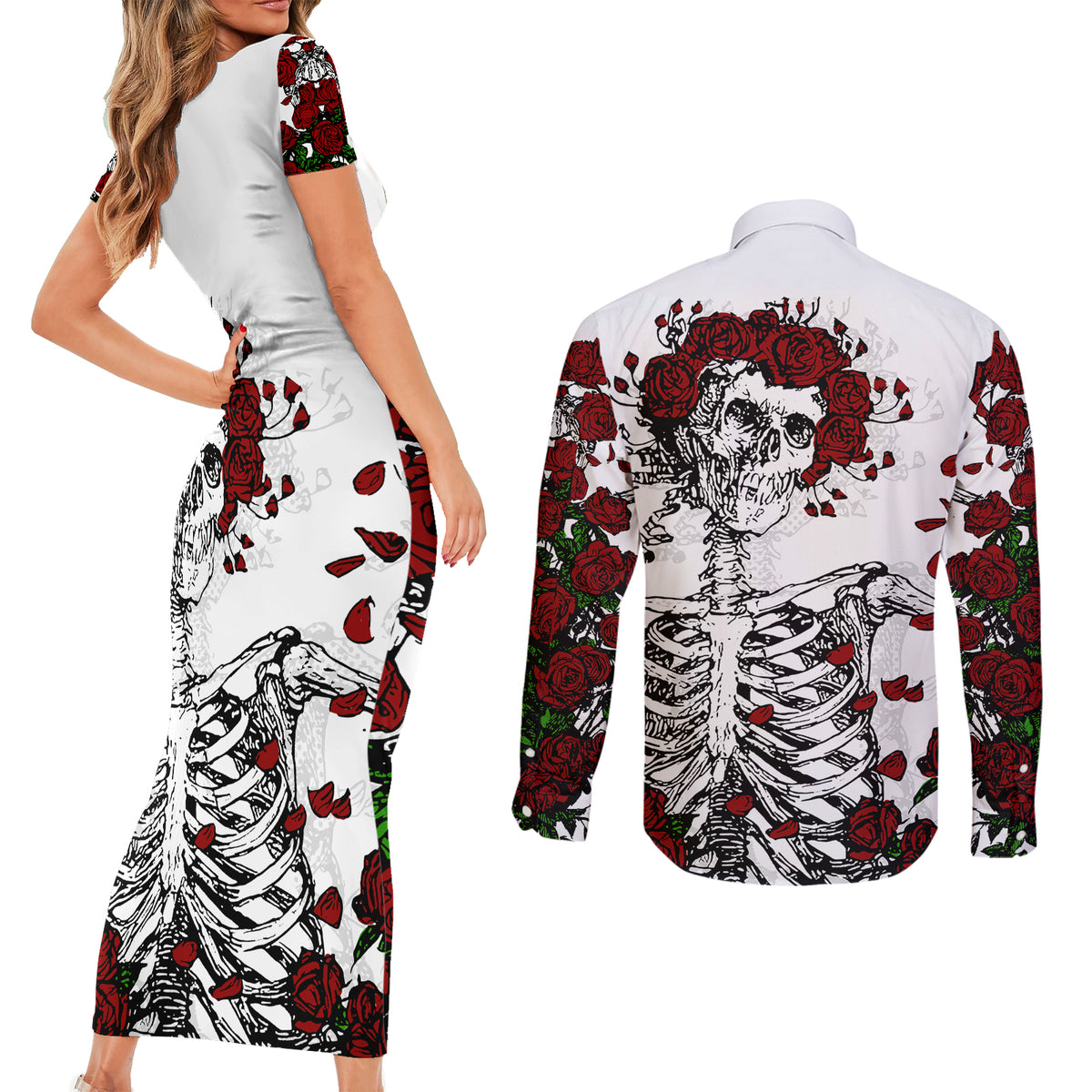 Rose Skull Couples Matching Short Sleeve Bodycon Dress and Long Sleeve Button Shirts Rose Skull Day Of The Dead - Wonder Print Shop