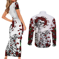 Rose Skull Couples Matching Short Sleeve Bodycon Dress and Long Sleeve Button Shirts Rose Skull Day Of The Dead - Wonder Print Shop