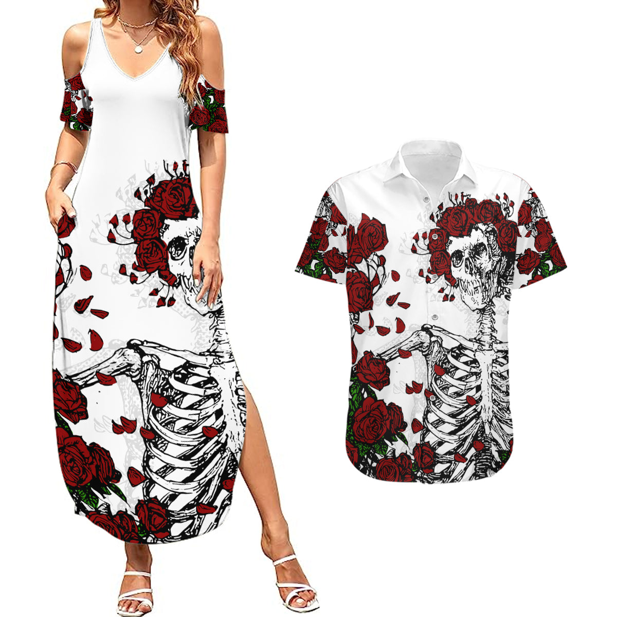 Rose Skull Couples Matching Summer Maxi Dress and Hawaiian Shirt Rose Skull Day Of The Dead - Wonder Print Shop