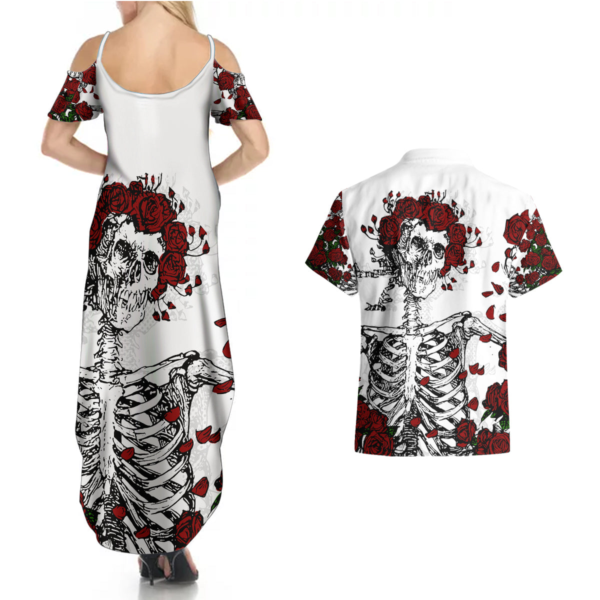 Rose Skull Couples Matching Summer Maxi Dress and Hawaiian Shirt Rose Skull Day Of The Dead - Wonder Print Shop