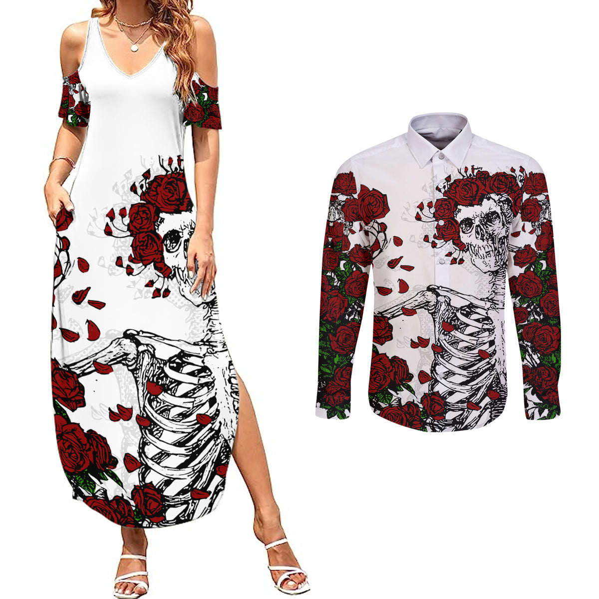 Rose Skull Couples Matching Summer Maxi Dress and Long Sleeve Button Shirts Rose Skull Day Of The Dead - Wonder Print Shop