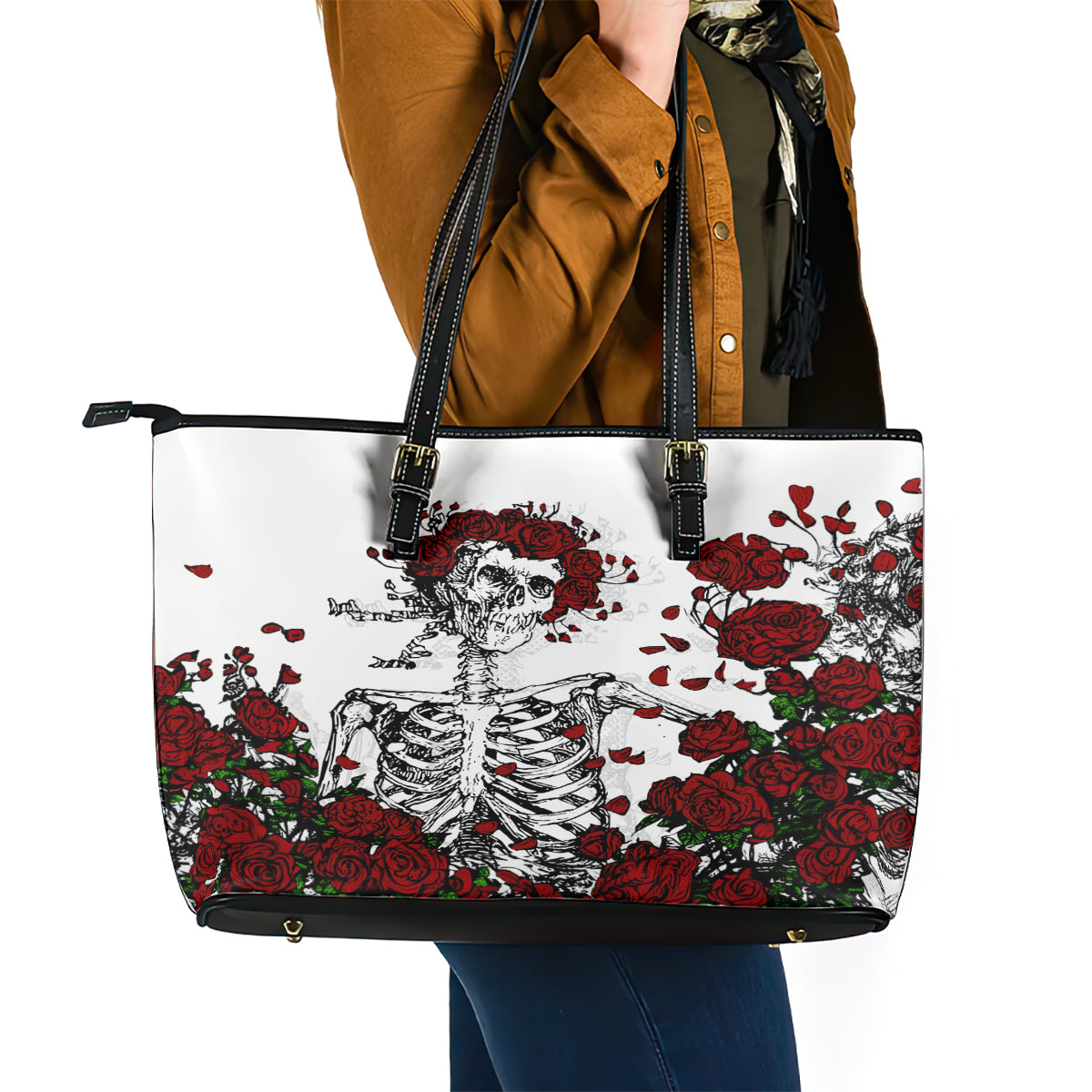 Rose Skull Leather Tote Bag Rose Skull Day Of The Dead - Wonder Print Shop