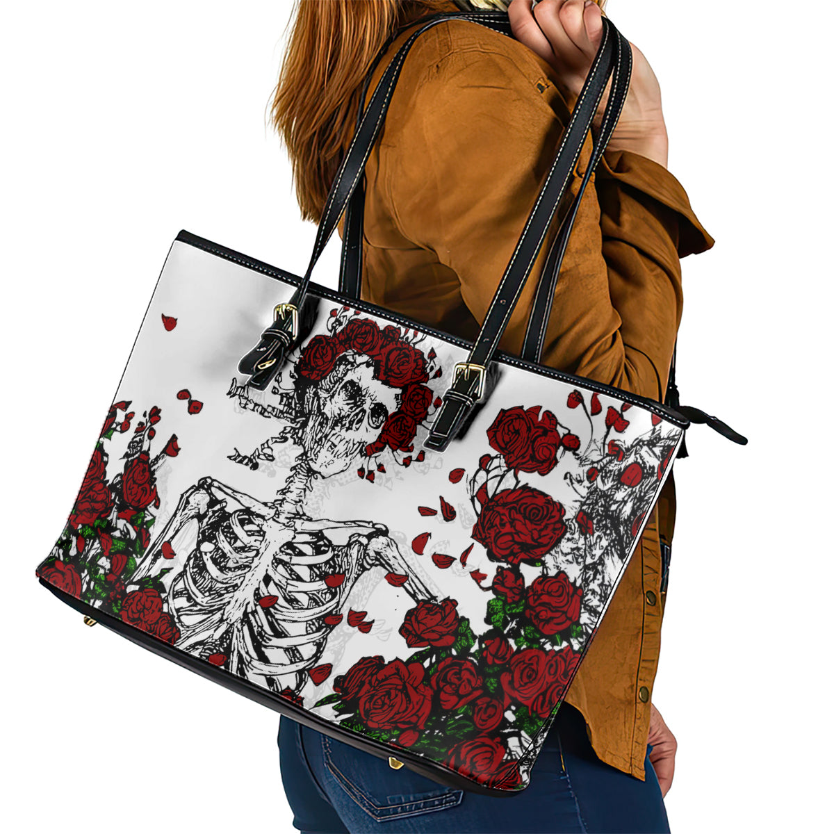 Rose Skull Leather Tote Bag Rose Skull Day Of The Dead - Wonder Print Shop