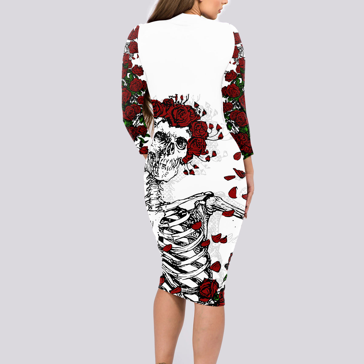 Rose Skull Long Sleeve Bodycon Dress Rose Skull Day Of The Dead - Wonder Print Shop