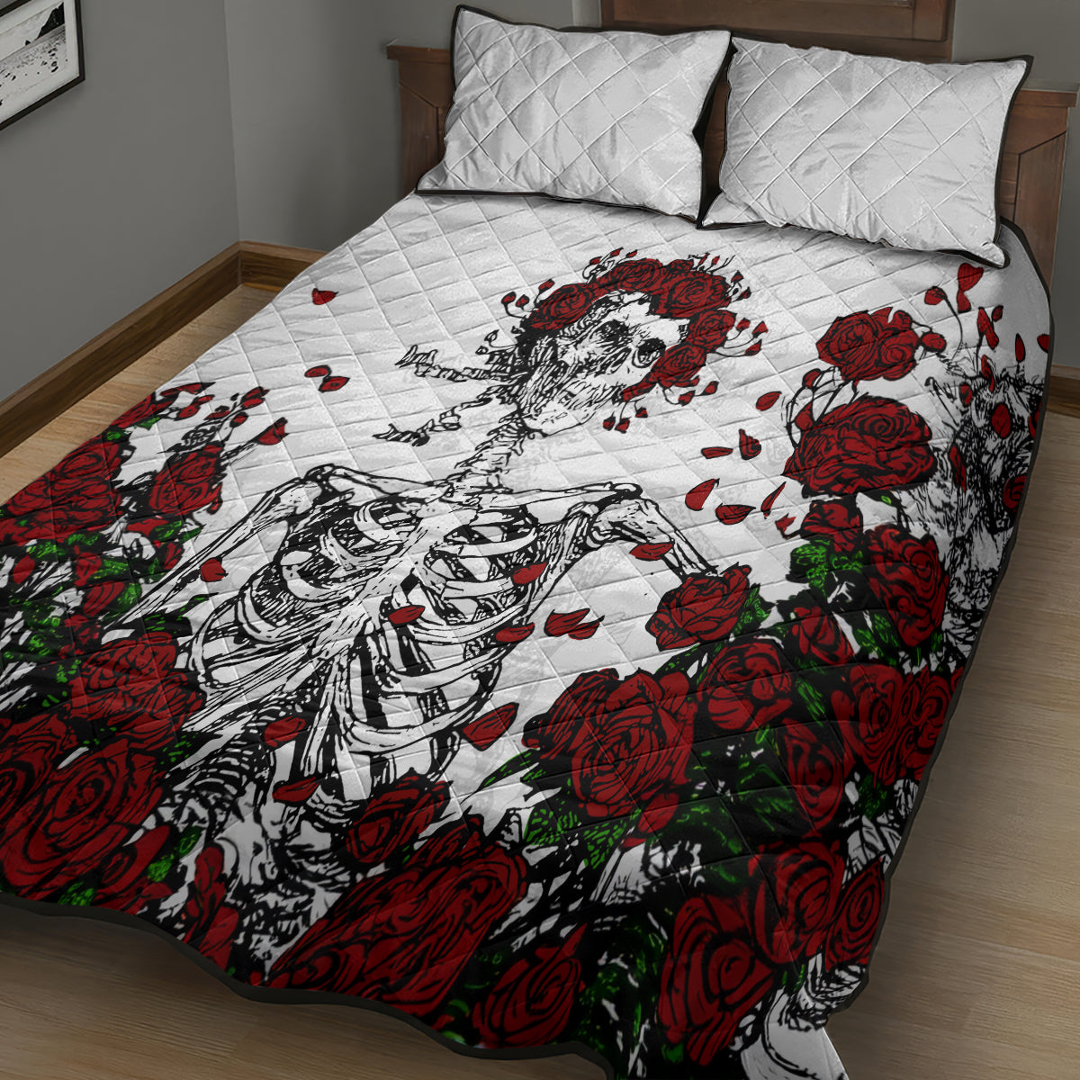 Rose Skull Quilt Bed Set Rose Skull Day Of The Dead - Wonder Print Shop