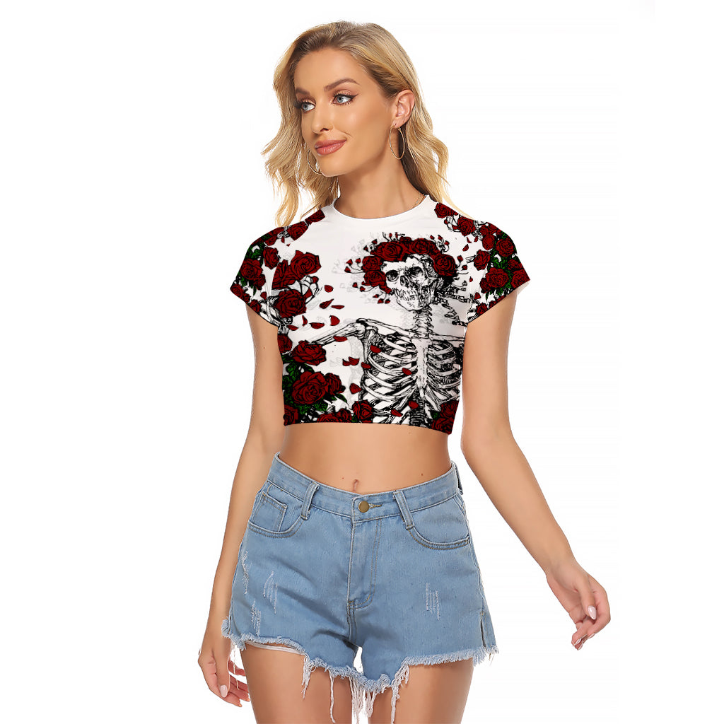 Rose Skull Raglan Cropped T Shirt Rose Skull Day Of The Dead - Wonder Print Shop