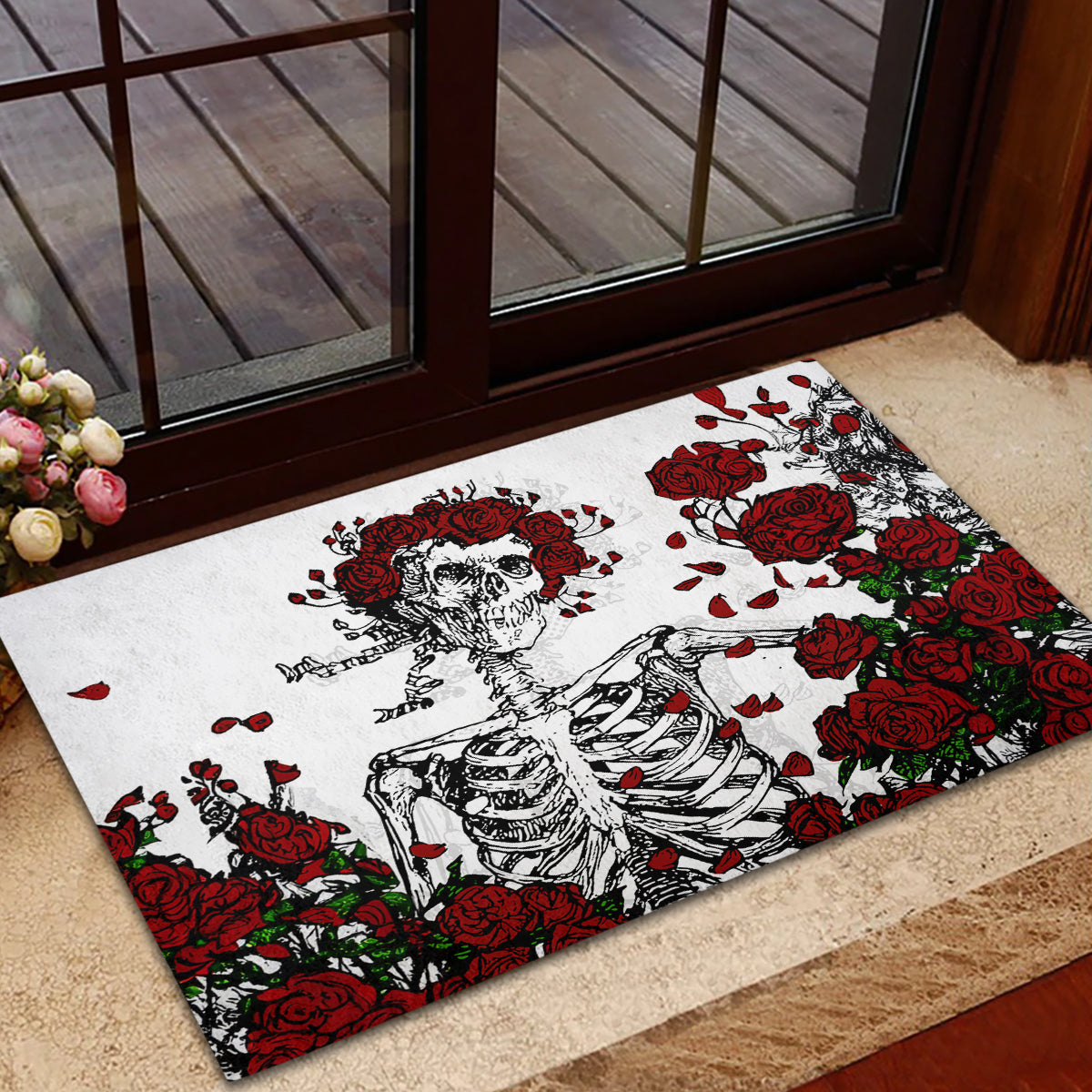 Rose Skull Rubber Doormat Rose Skull Day Of The Dead - Wonder Print Shop