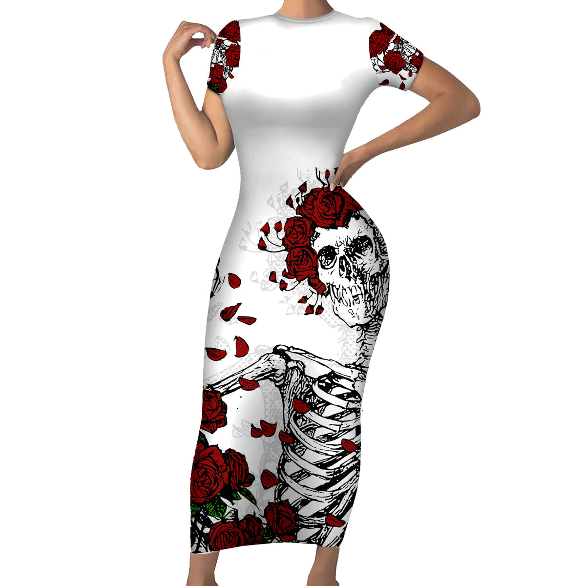 Rose Skull Short Sleeve Bodycon Dress Rose Skull Day Of The Dead - Wonder Print Shop Rose Skull Short Sleeve Bodycon Dress Rose Skull Day Of The Dead - Wonder Print Shop