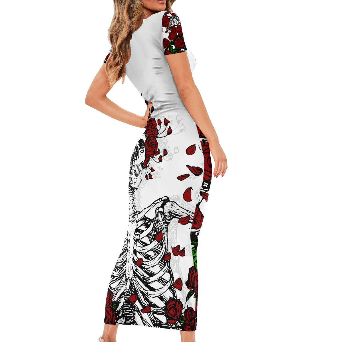 Rose Skull Short Sleeve Bodycon Dress Rose Skull Day Of The Dead - Wonder Print Shop Rose Skull Short Sleeve Bodycon Dress Rose Skull Day Of The Dead - Wonder Print Shop