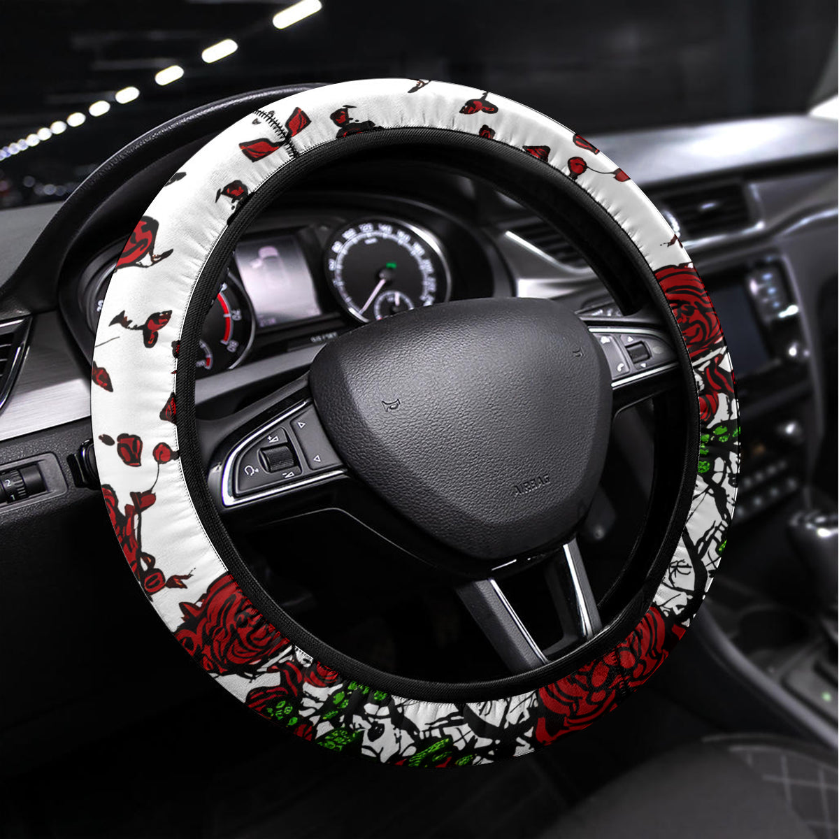 Rose Skull Steering Wheel Cover Rose Skull Day Of The Dead - Wonder Print Shop