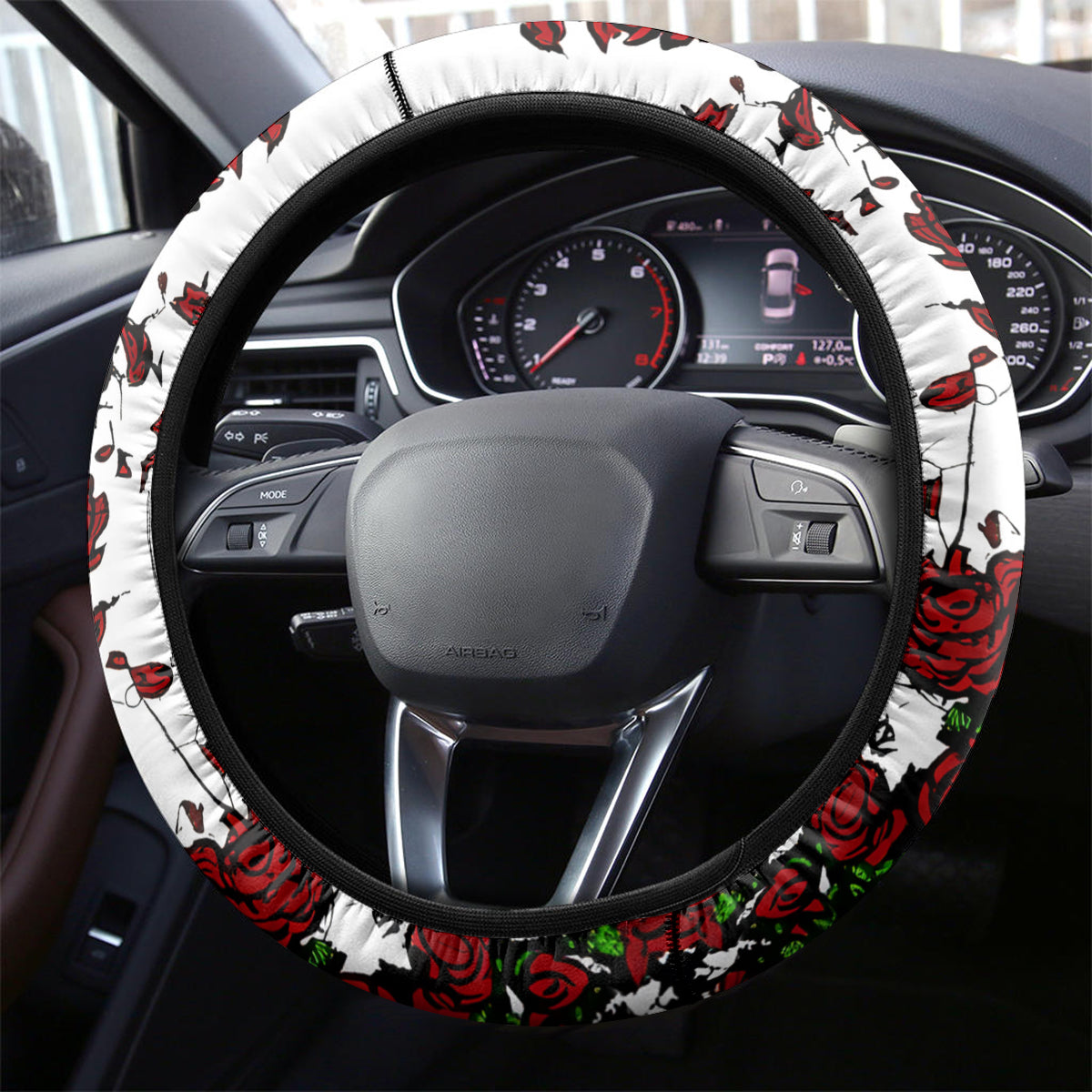 Rose Skull Steering Wheel Cover Rose Skull Day Of The Dead - Wonder Print Shop