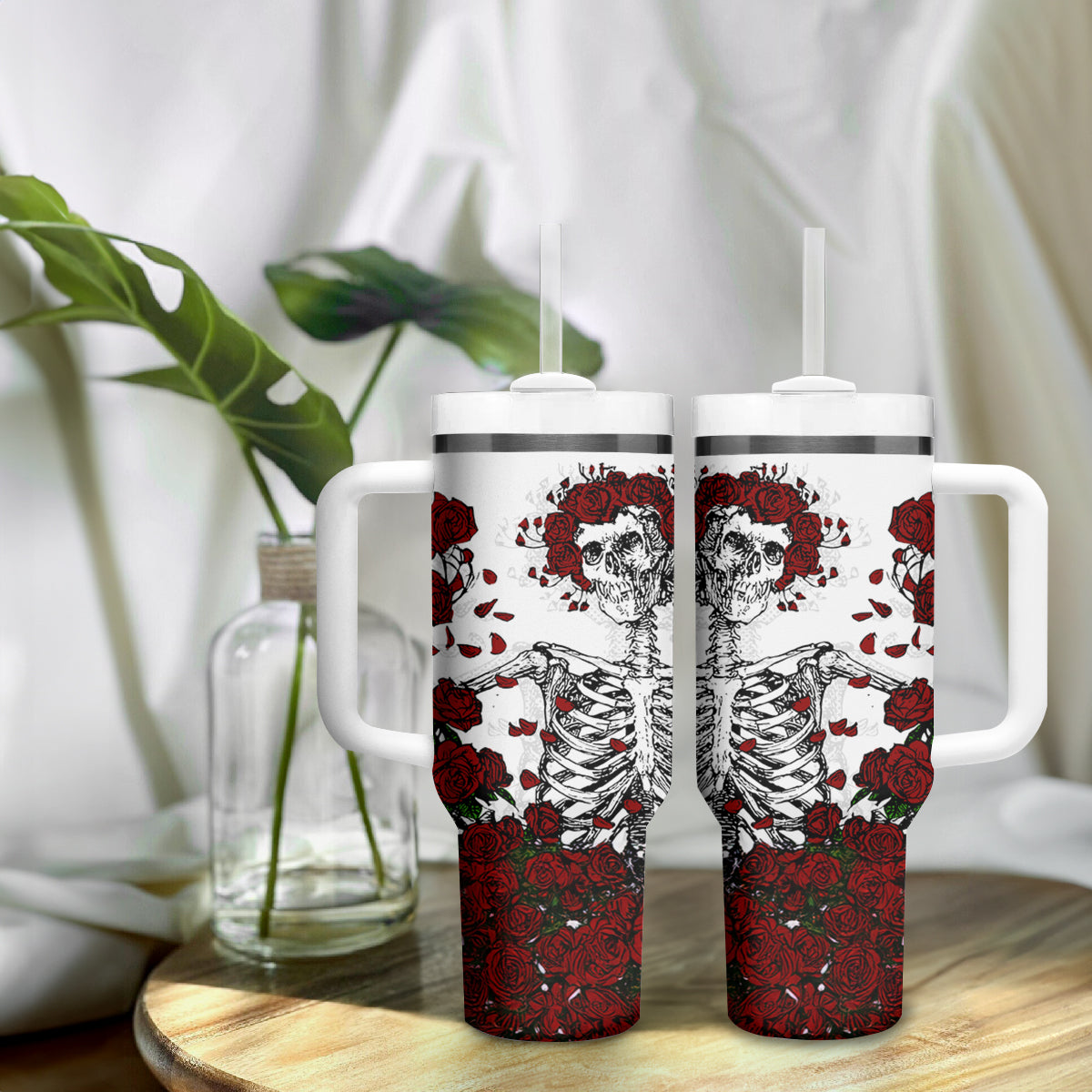 Rose Skull Tumbler With Handle Rose Skull Day Of The Dead - Wonder Print Shop