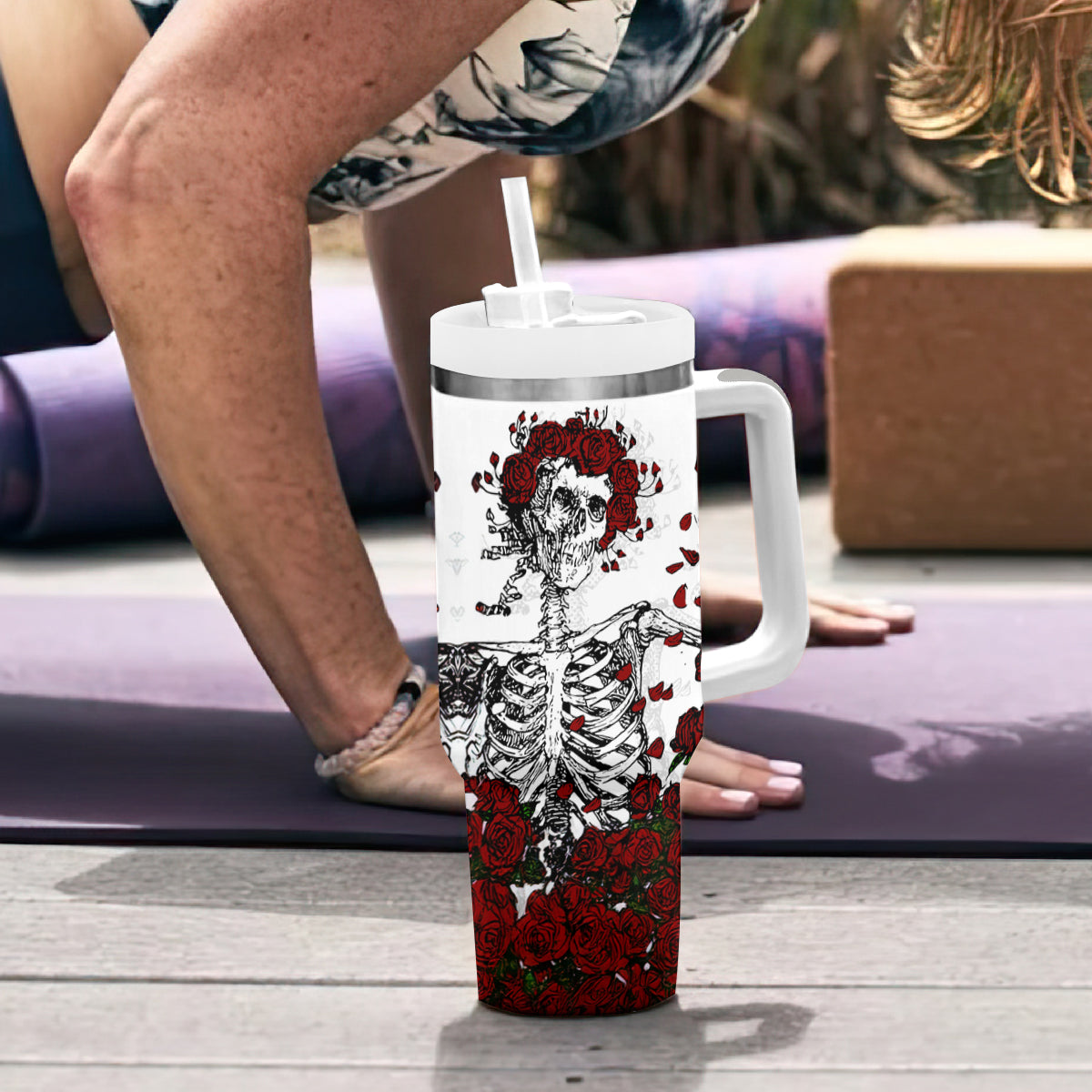 Rose Skull Tumbler With Handle Rose Skull Day Of The Dead - Wonder Print Shop