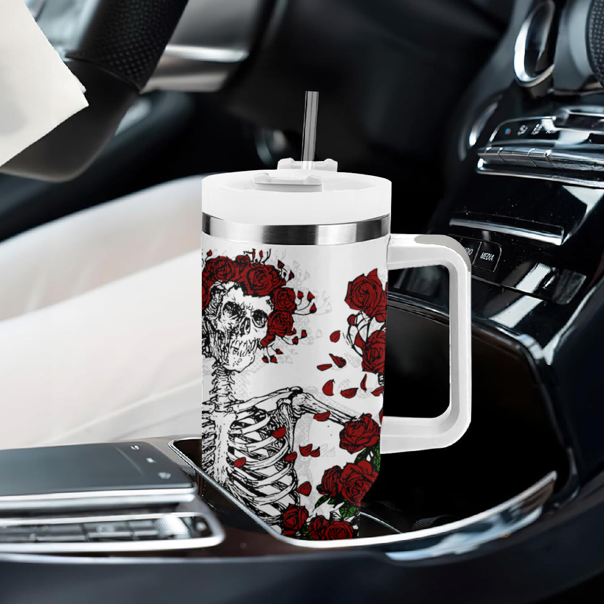 Rose Skull Tumbler With Handle Rose Skull Day Of The Dead - Wonder Print Shop