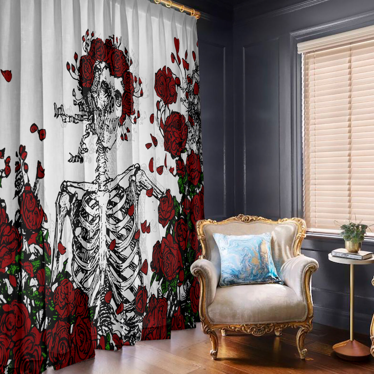 Rose Skull Window Curtain Rose Skull Day Of The Dead - Wonder Print Shop