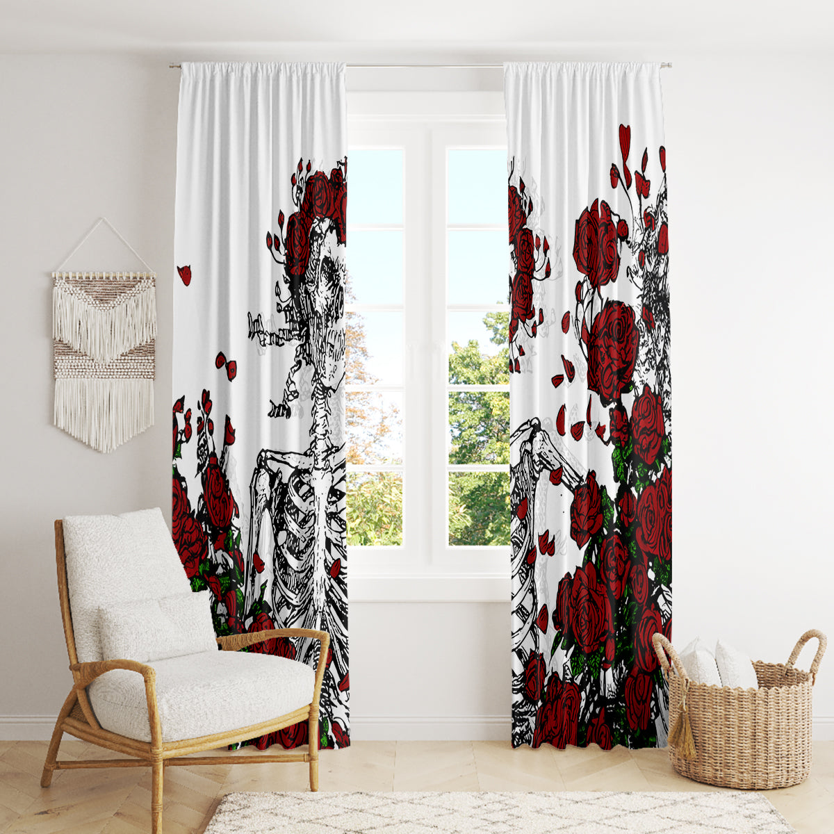 Rose Skull Window Curtain Rose Skull Day Of The Dead - Wonder Print Shop
