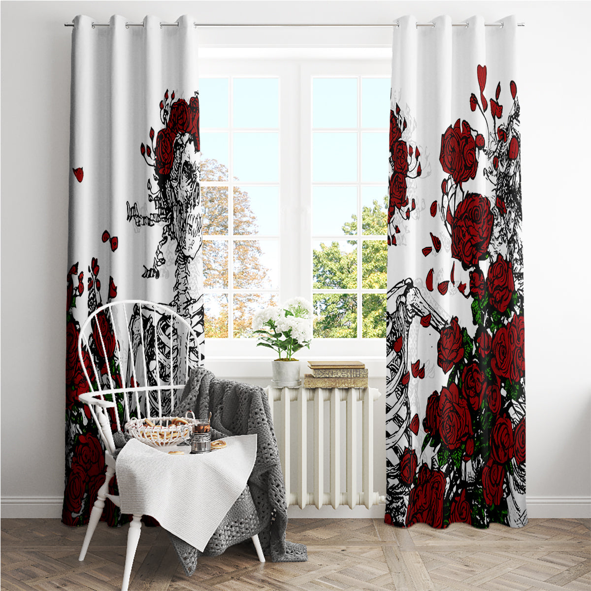 Rose Skull Window Curtain Rose Skull Day Of The Dead - Wonder Print Shop
