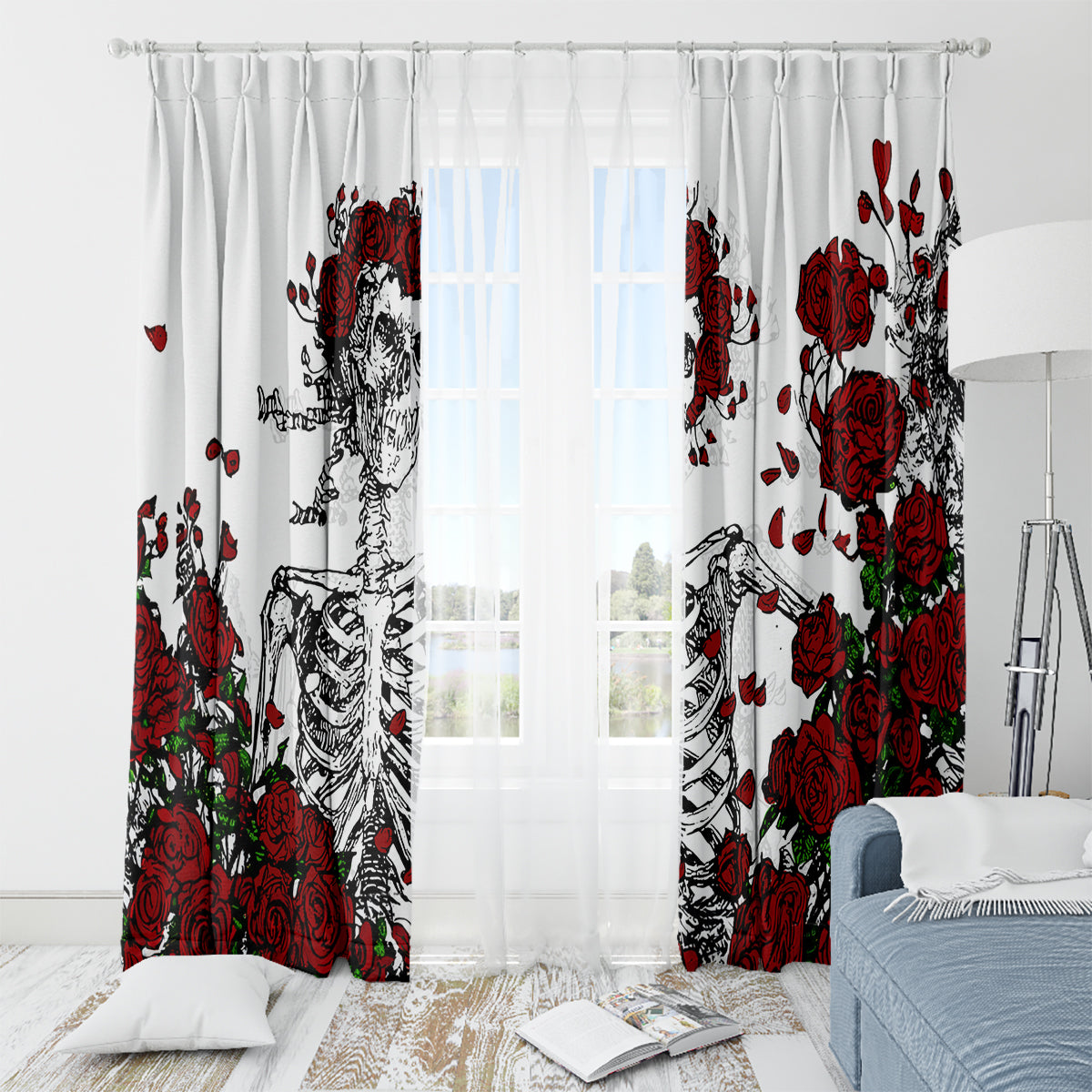 Rose Skull Window Curtain Rose Skull Day Of The Dead - Wonder Print Shop