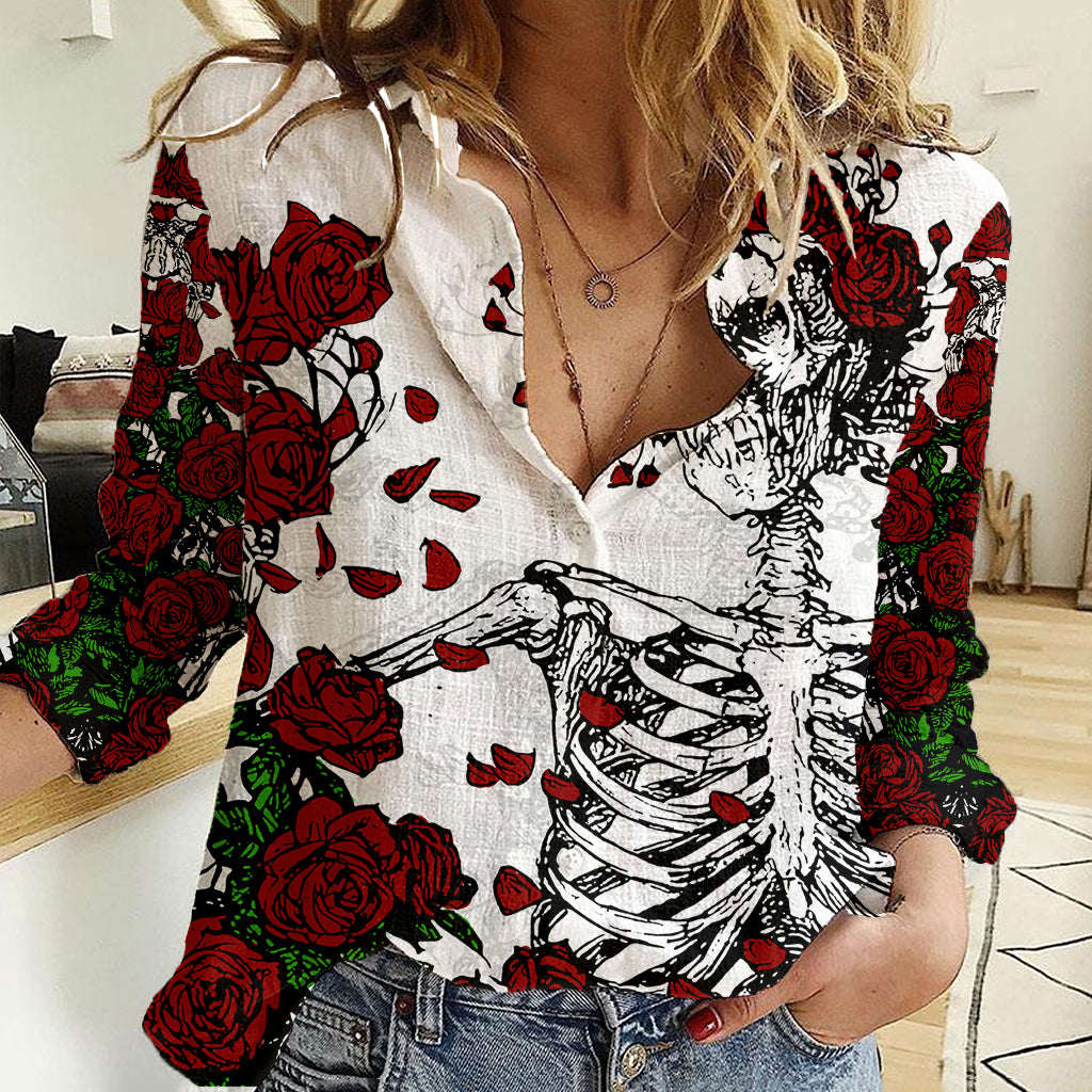 Rose Skull Women Casual Shirt Rose Skull Day Of The Dead - Wonder Print Shop