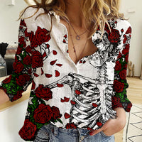 Rose Skull Women Casual Shirt Rose Skull Day Of The Dead - Wonder Print Shop