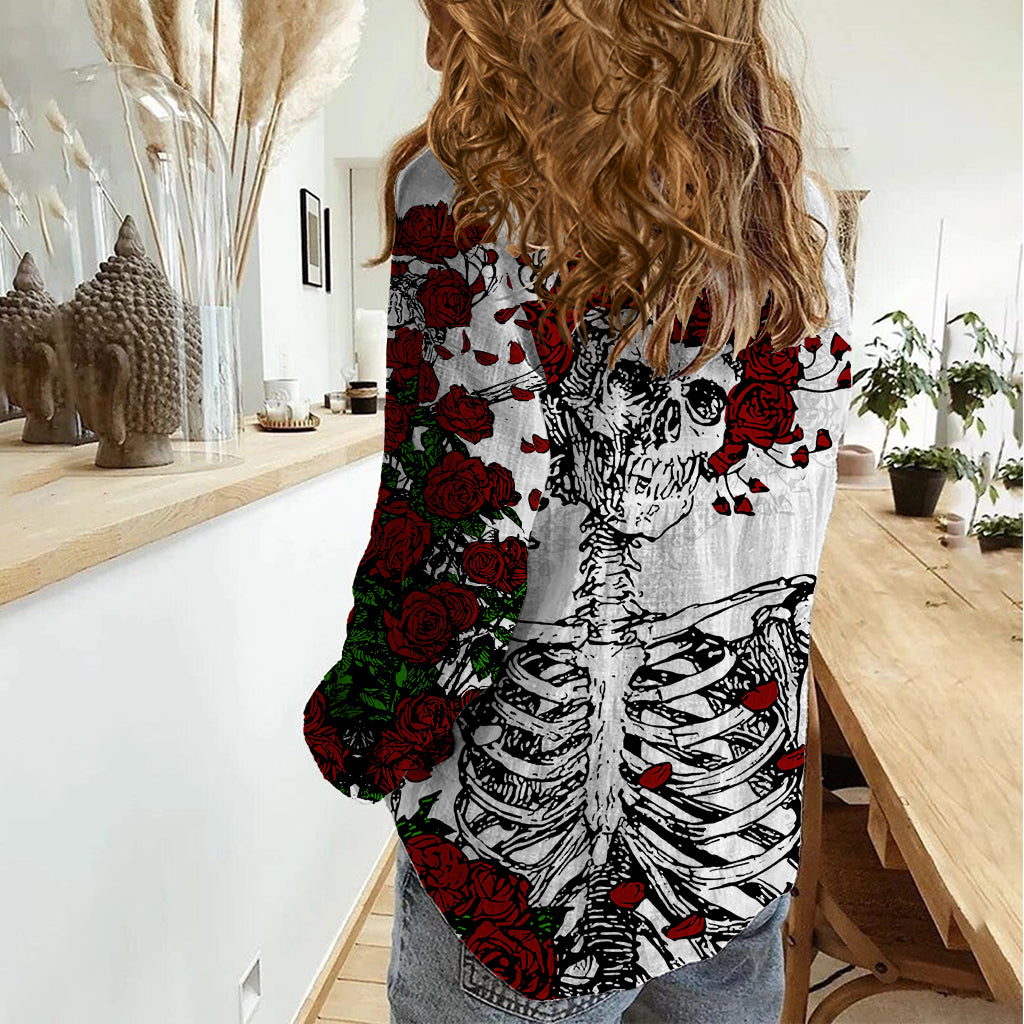 Rose Skull Women Casual Shirt Rose Skull Day Of The Dead - Wonder Print Shop