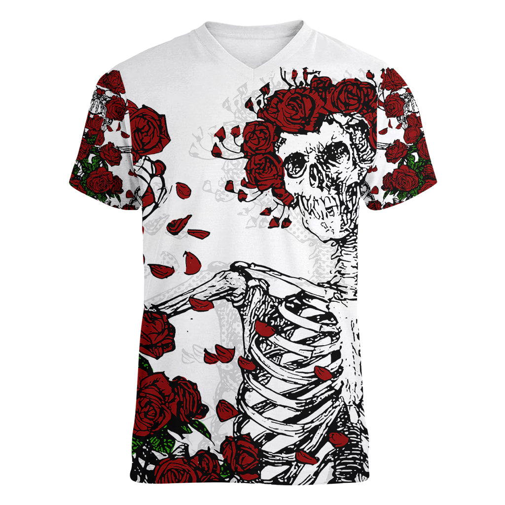 Rose Skull Women V Neck T Shirt Rose Skull Day Of The Dead - Wonder Print Shop