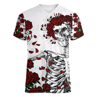 Rose Skull Women V Neck T Shirt Rose Skull Day Of The Dead - Wonder Print Shop