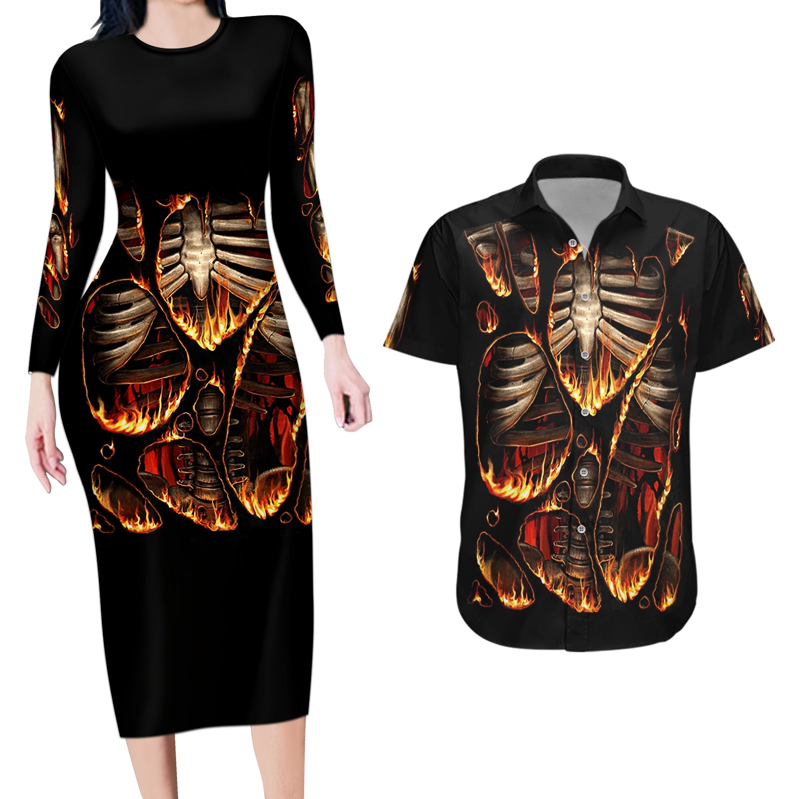 Flame Skull Couples Matching Long Sleeve Bodycon Dress and Hawaiian Shirt Flame Skeleton Inside My Body - Wonder Print Shop