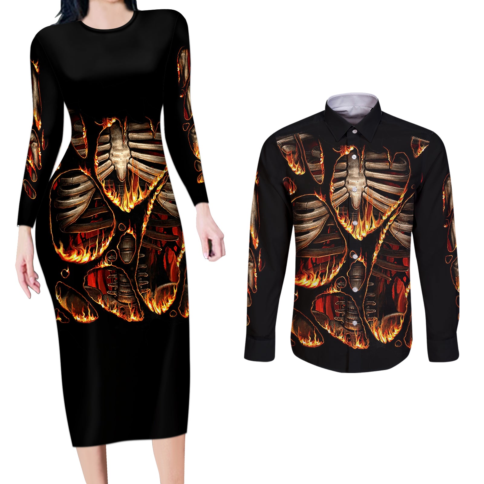 Flame Skull Couples Matching Long Sleeve Bodycon Dress and Long Sleeve Button Shirts Flame Skeleton Inside My Body - Wonder Print Shop