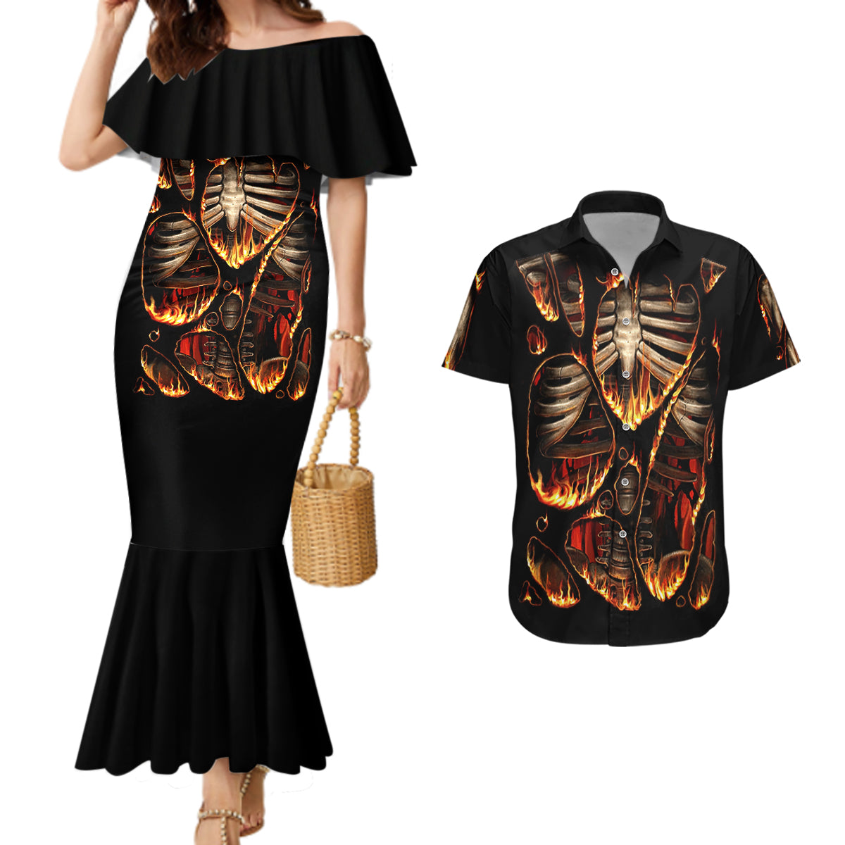 Flame Skull Couples Matching Mermaid Dress and Hawaiian Shirt Flame Skeleton Inside My Body - Wonder Print Shop