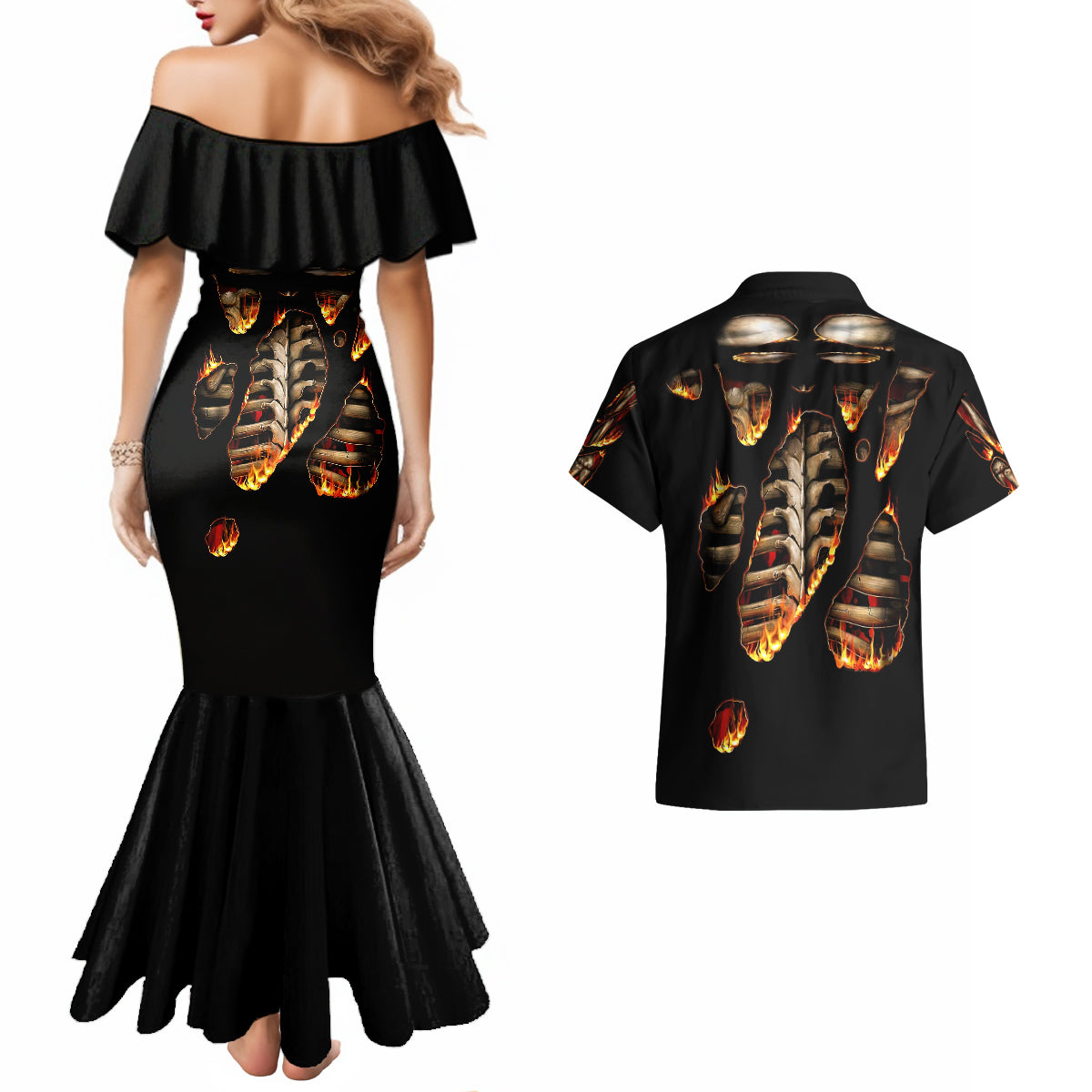 Flame Skull Couples Matching Mermaid Dress and Hawaiian Shirt Flame Skeleton Inside My Body - Wonder Print Shop
