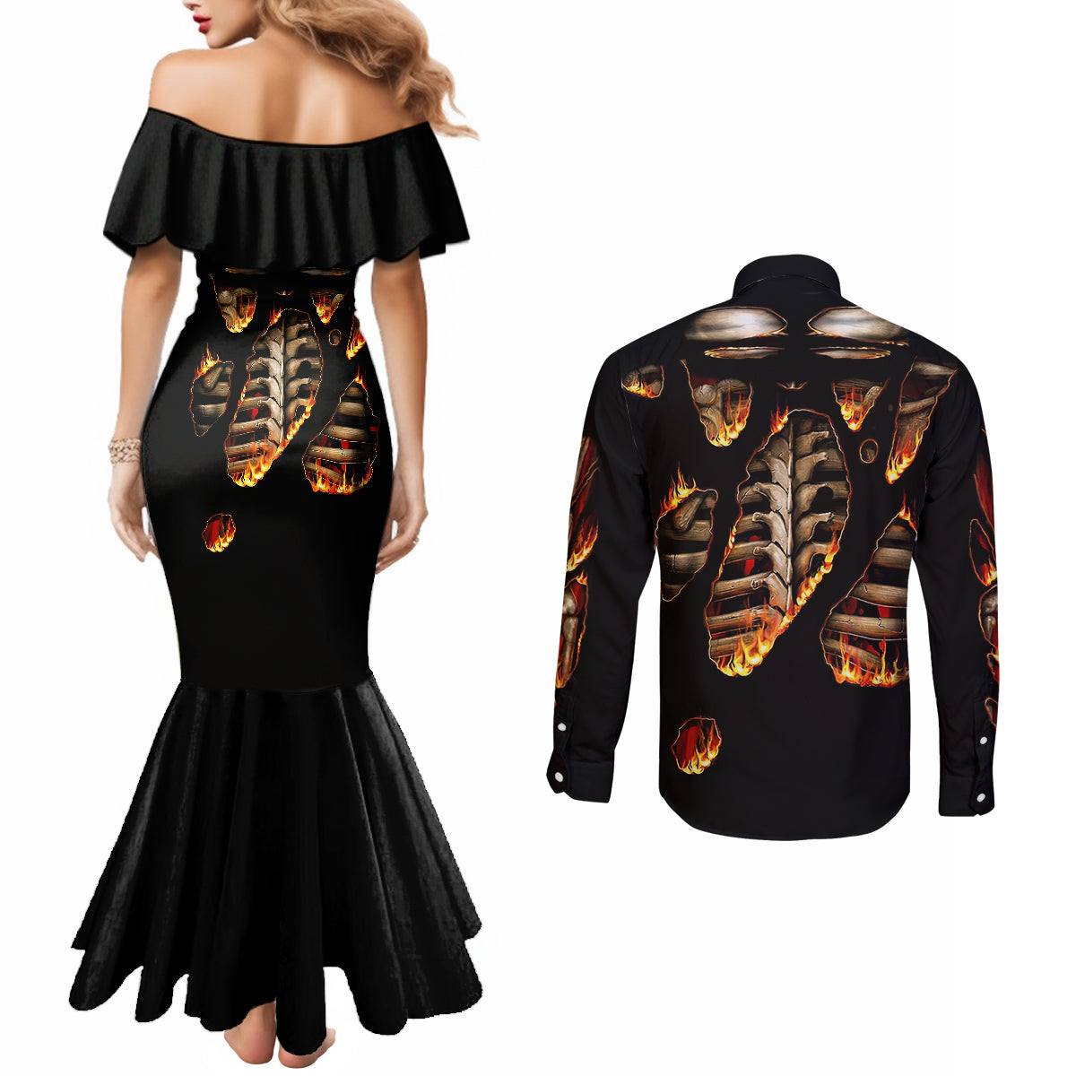 flame-skull-couples-matching-mermaid-dress-and-long-sleeve-button-shirts-flame-skeleton-inside-my-body