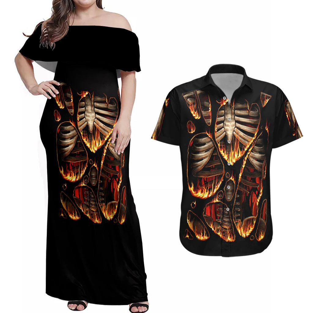 Flame Skull Couples Matching Off Shoulder Maxi Dress and Hawaiian Shirt Flame Skeleton Inside My Body - Wonder Print Shop