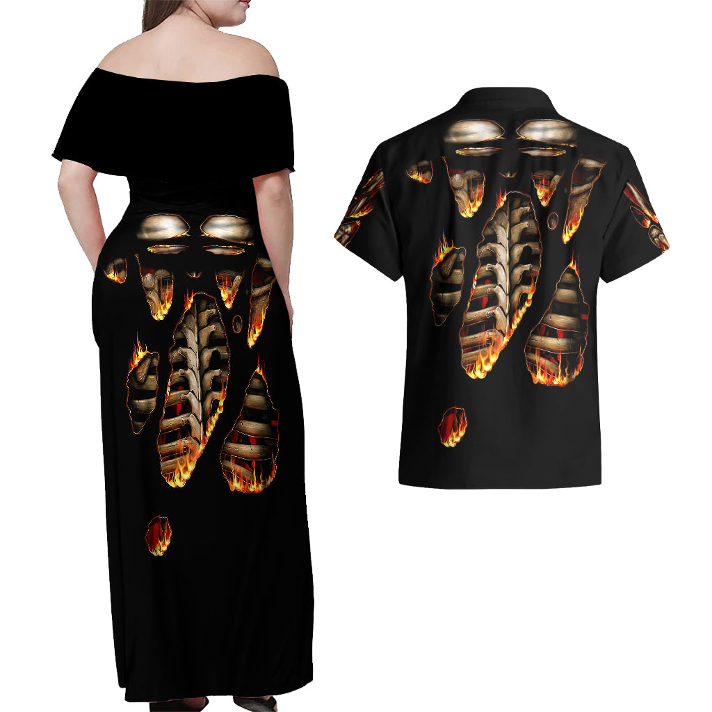 Flame Skull Couples Matching Off Shoulder Maxi Dress and Hawaiian Shirt Flame Skeleton Inside My Body - Wonder Print Shop